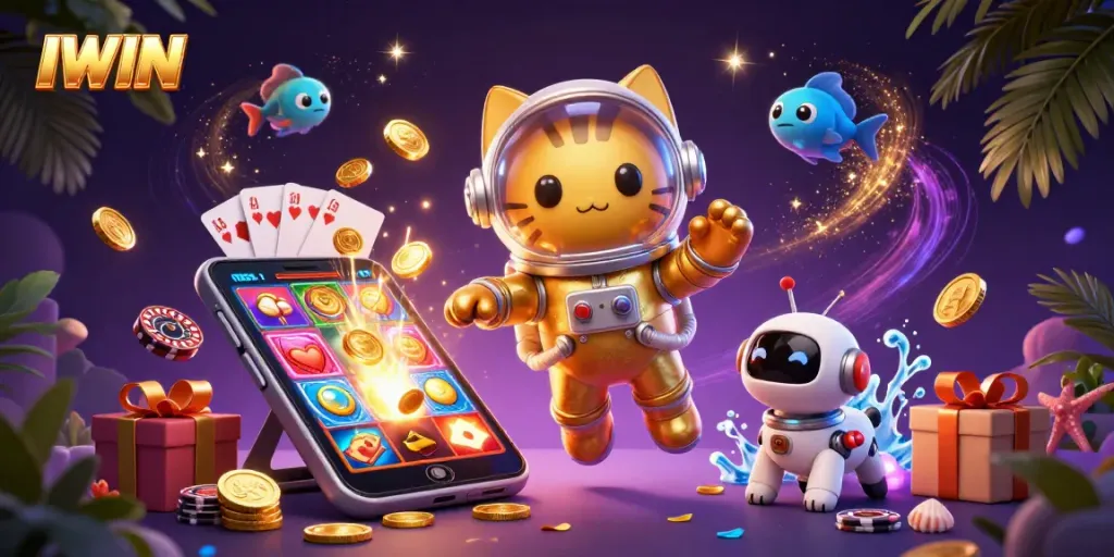 IWIN captures thrilling casino fun with unique characters amid vibrant slot games and golden coins.