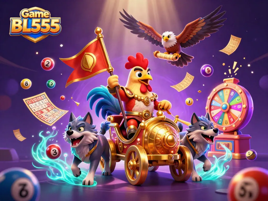Experience the excitement of Game BL555 as the rooster warlord leads a vibrant scene filled with colorful lottery elements.