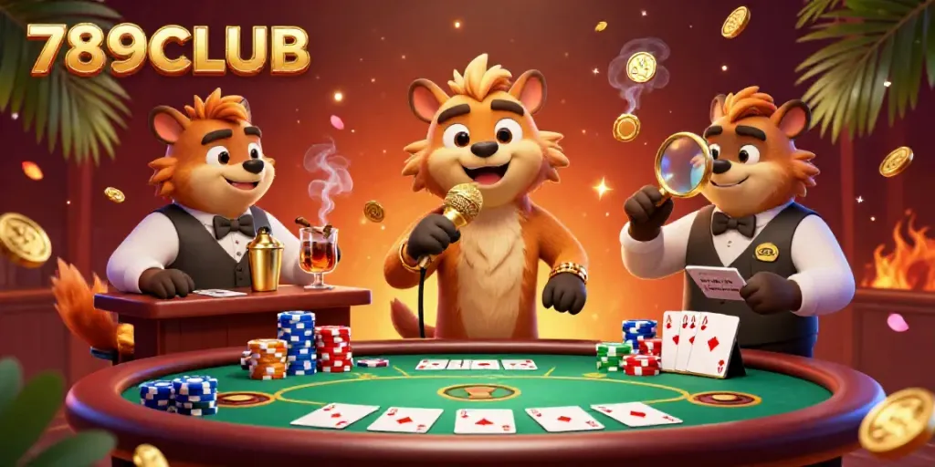 Experience the vibrant 789CLUB comedy casino scene with hyenas and colorful poker elements.