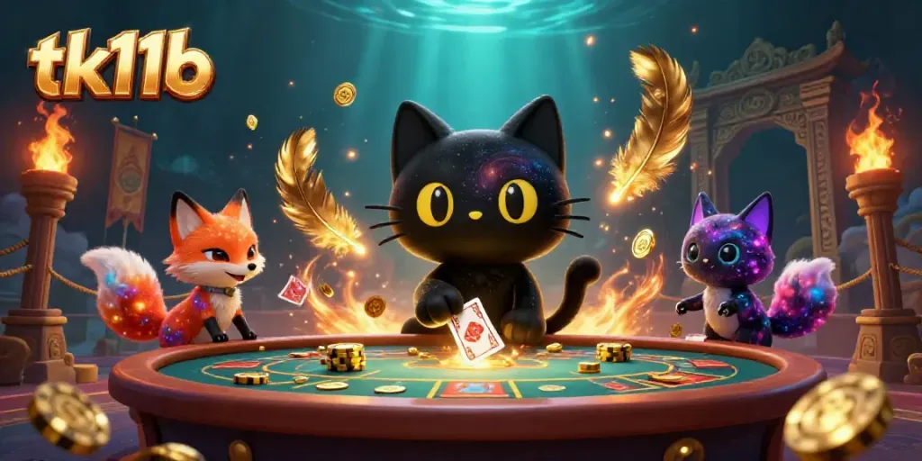 Join the excitement at tk11b, where the cosmic cat pulls in golden chips and cards on a vibrant casino table.