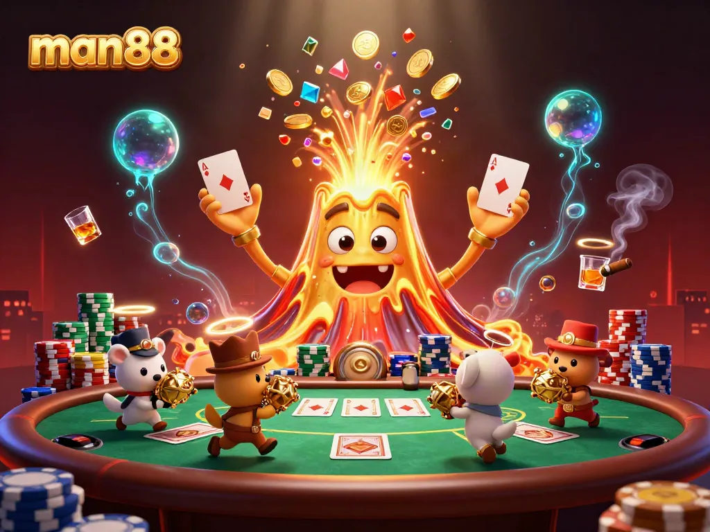 Win big at man88 with a dynamic illustration of a treasure-filled casino scene featuring playful animals and vibrant game elements.