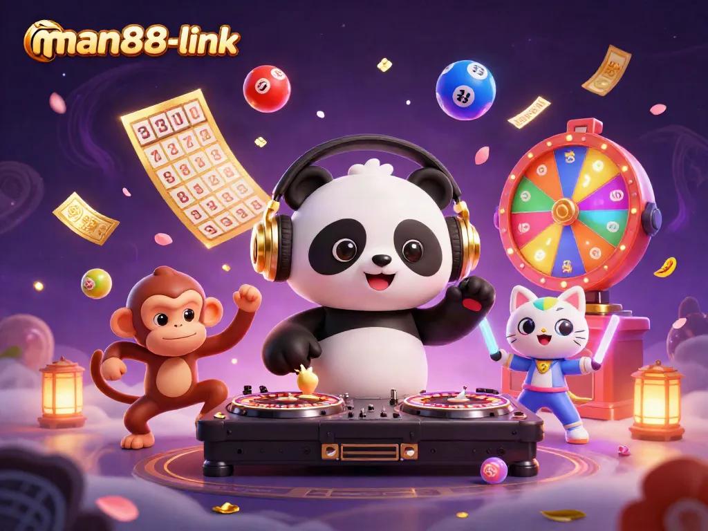 Experience thrilling action at man88-link with colorful lottery balls, a DJ panda, and vibrant casino elements.