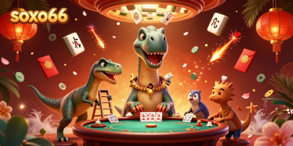 Engage with soxo66 through an exciting casino scene featuring a giant brontosaurus and dynamic game elements.