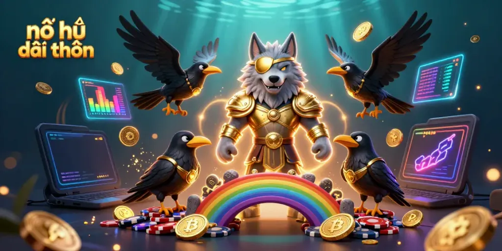 Engage in nổ hũ đổi thưởng with powerful characters and shimmering coins in a vibrant casino scene.