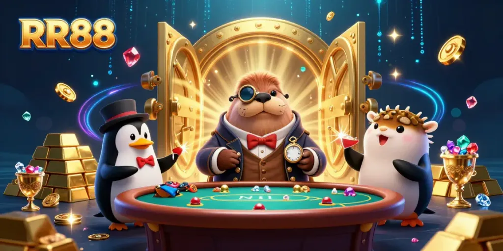 Players enjoying poker at RR88, with a walrus and penguin dealer in an underwater scene.