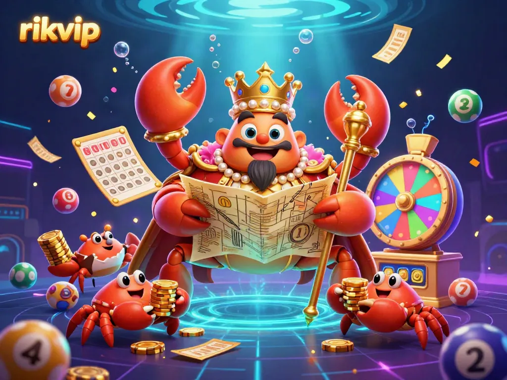 Experience thrilling games at rikvip with vibrant lottery elements and a golden crab emperor in this rich illustration.