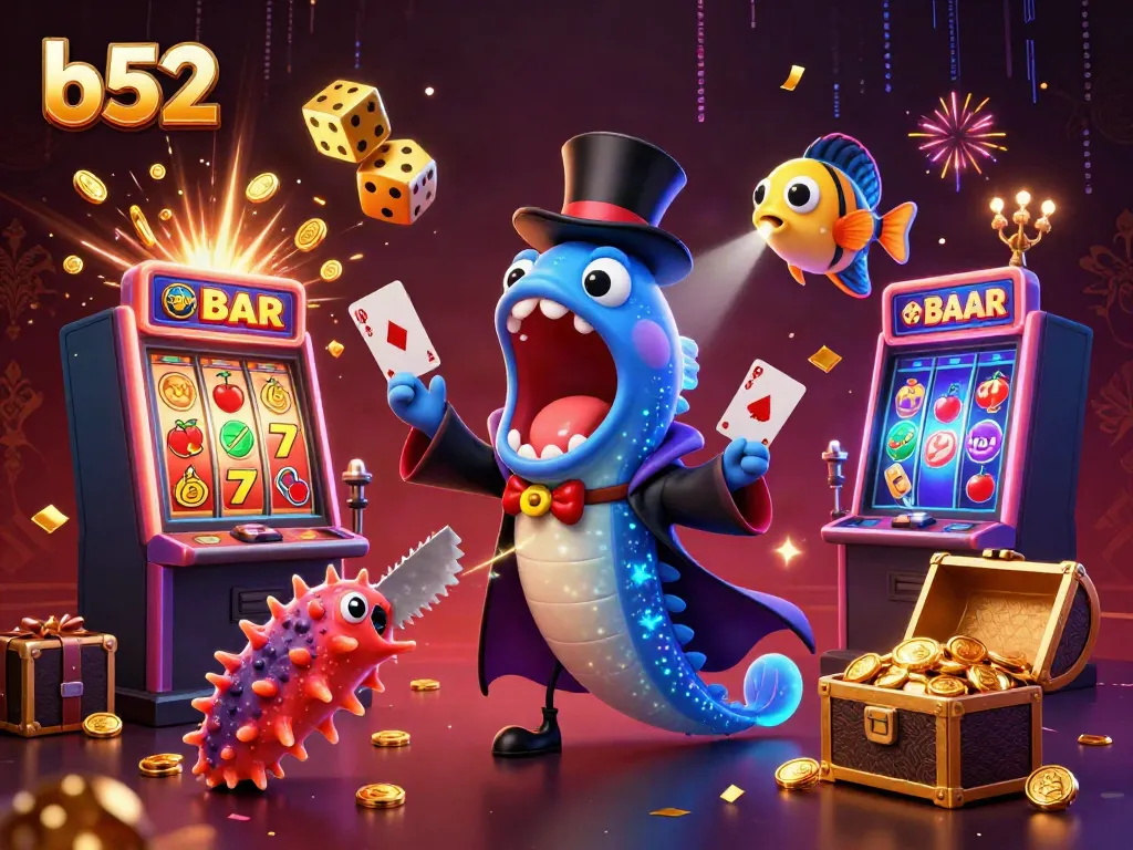 Engage in the thrilling magic act of b52 with 3D casino characters amidst vibrant jackpot scenes.