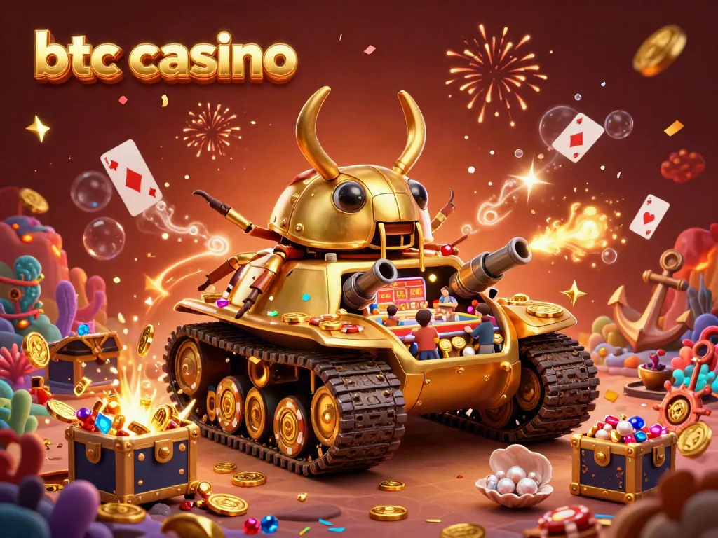 Engage in thrilling moments at btc casino featuring a vibrant 3D scene with a golden beetle tank and crypto themes.
