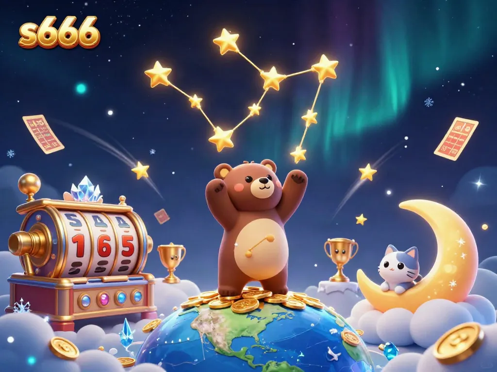 Experience the excitement of s666, with a celestial bear scooping coins amidst dynamic casino elements.