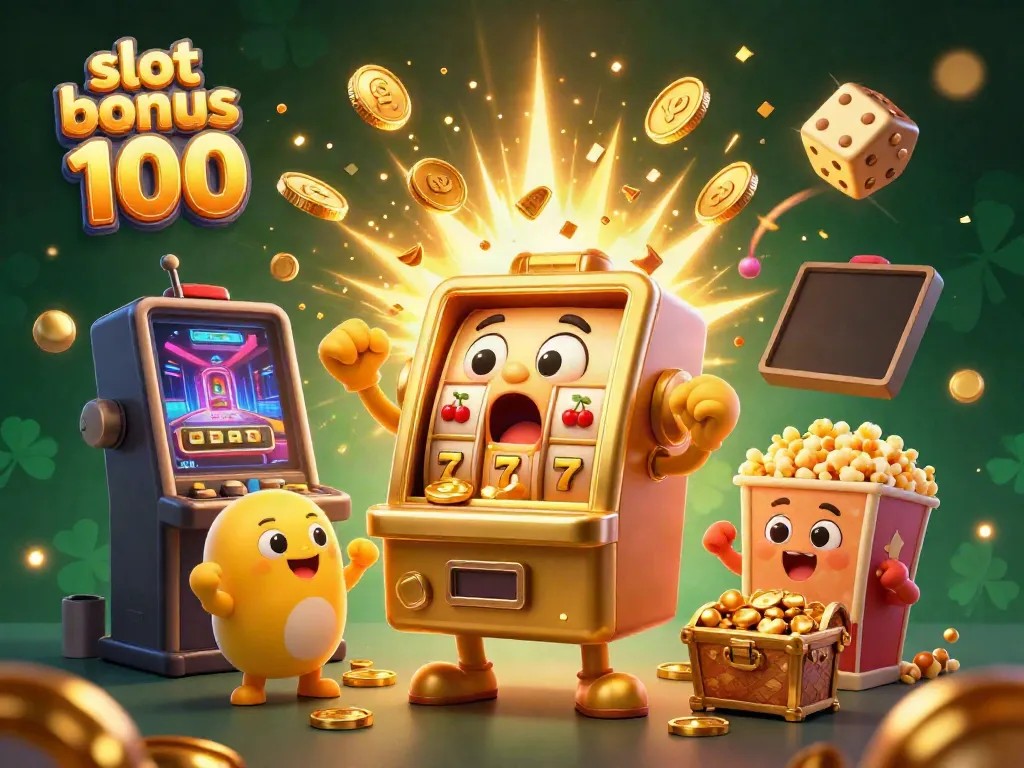Experience the thrill of slot bonus 100 as colorful slot machines celebrate a jackpot win amidst golden coins and festive effects.