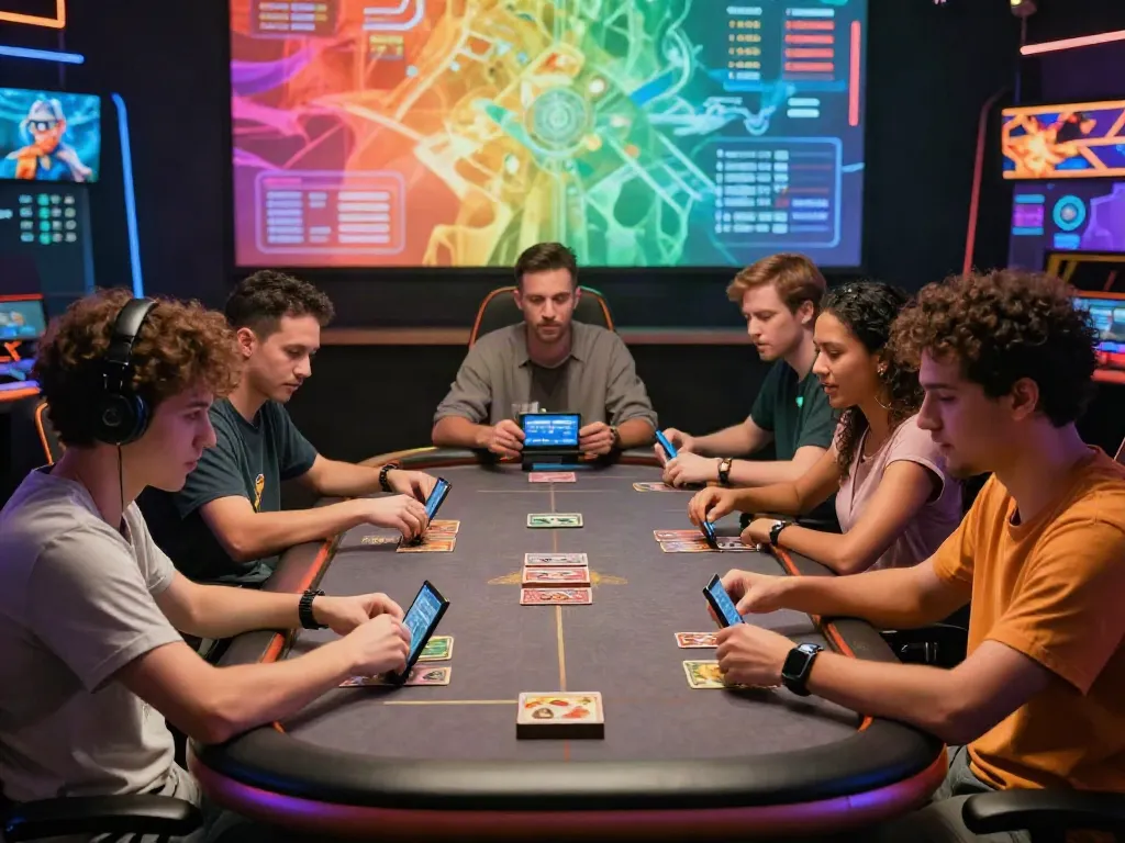 Exciting gaming atmosphere at https://sunwint4.com/ with engaged players and digital graphics.