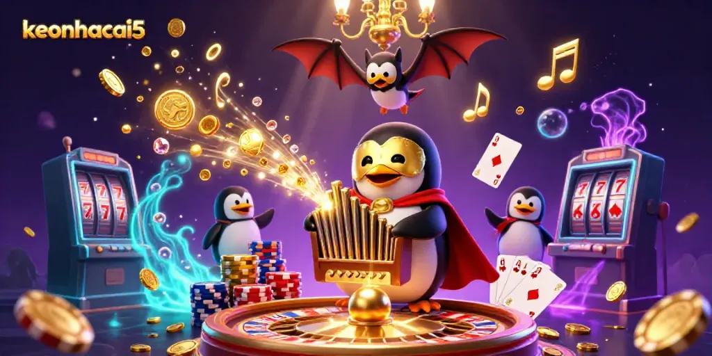 Engage with keonhacai5, experiencing a vibrant 3D illustration showcasing casino elements and a lively atmosphere of golden coins and games.