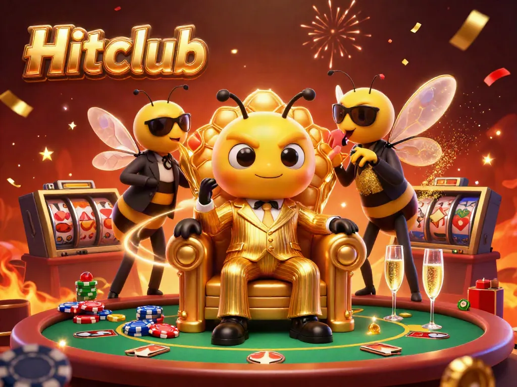 Hitclub casino illustration showcasing a vibrant scene with a bumblebee mob boss and gaming elements, embodying the excitement of gambling.