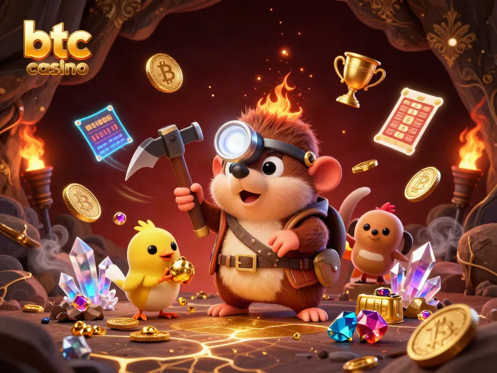 Engage in thrilling btc casino adventures with treasure hunter mole, crypto coins, and vibrant gaming elements.
