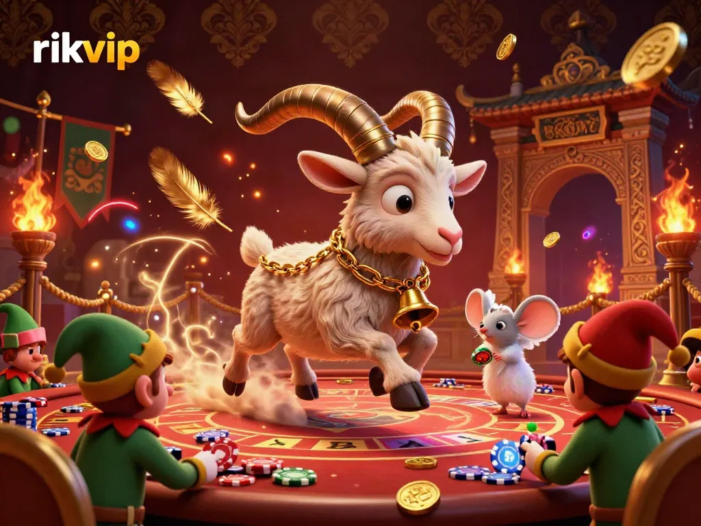 Watch the Krampus goat run a bustling rikvip casino, as the mischievous gremlins steal chips amid glowing lights.