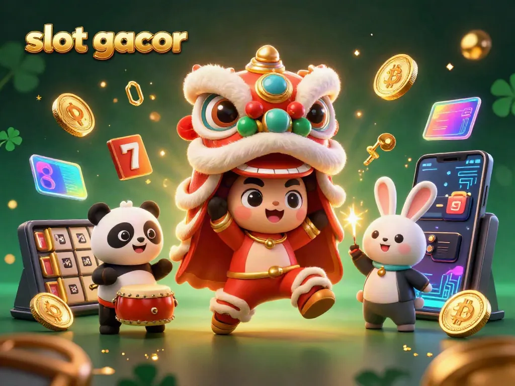 Brightly engaging scene showcasing slot gacor excitement with lion dance characters and vibrant casino elements.