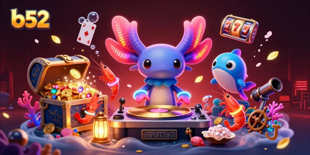 Experience thrilling action at b52 casino with a lively underwater DJ scene, surrounded by gaming treasures.