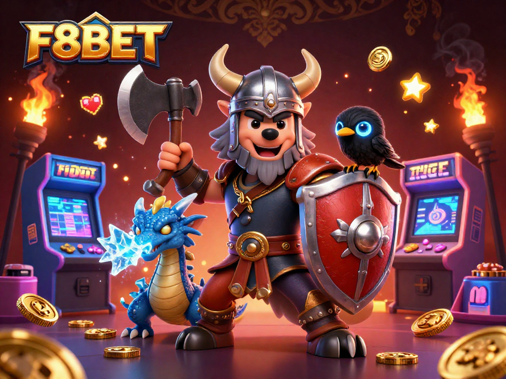 F8BET brings excitement with a Viking wolf warrior, fierce dragon, and gaming elements in a vibrant casino scene.