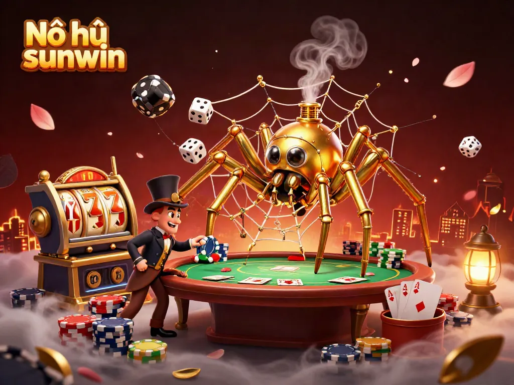 Nổ hũ sunwin game features lively 3D elements showing the golden spider capturing dice, enhancing the casino experience.
