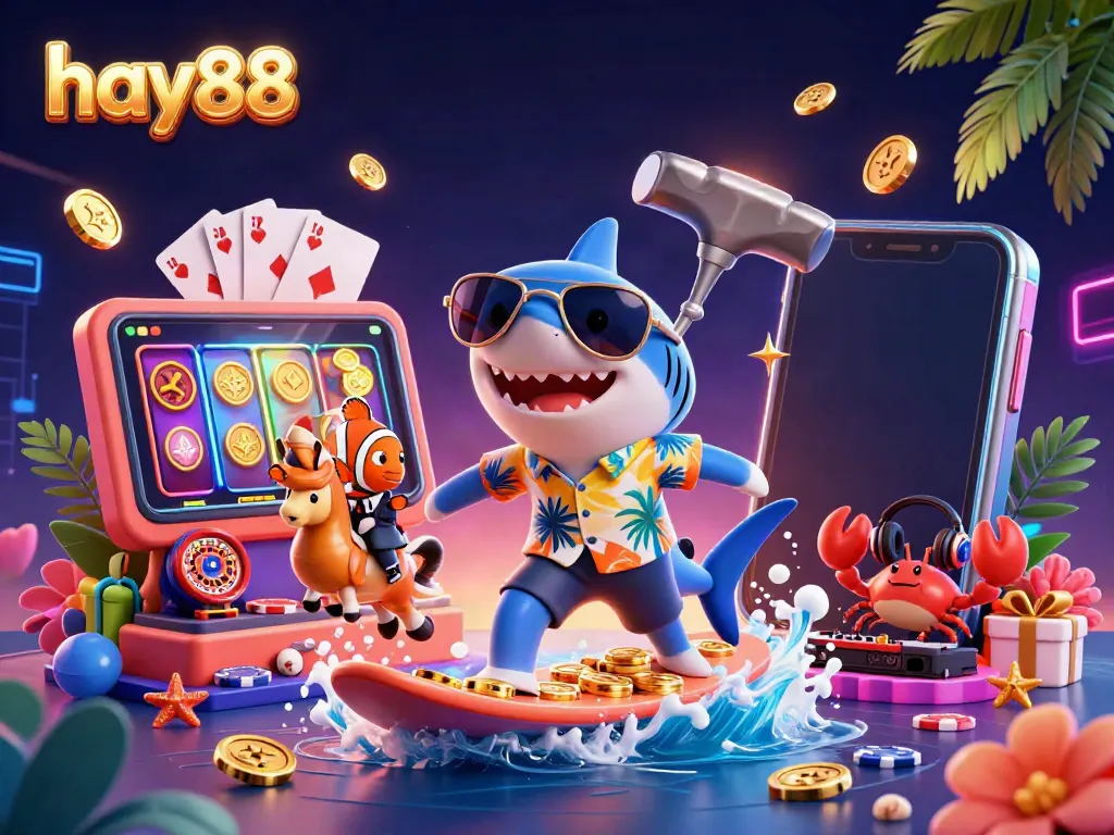 Engage in the exciting world of hay88 with a vibrant casino-themed digital illustration featuring a shark, clownfish, and crab.