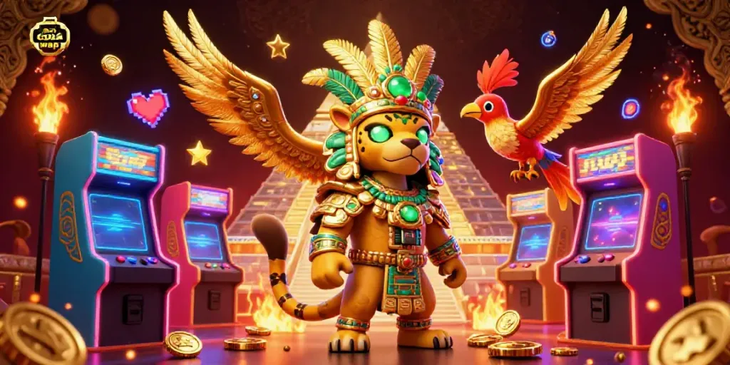 Soi cầu wap features a Mayan priest with glowing eyes, radiant casino elements, and a quetzal bird in an engaging and dynamic scene.