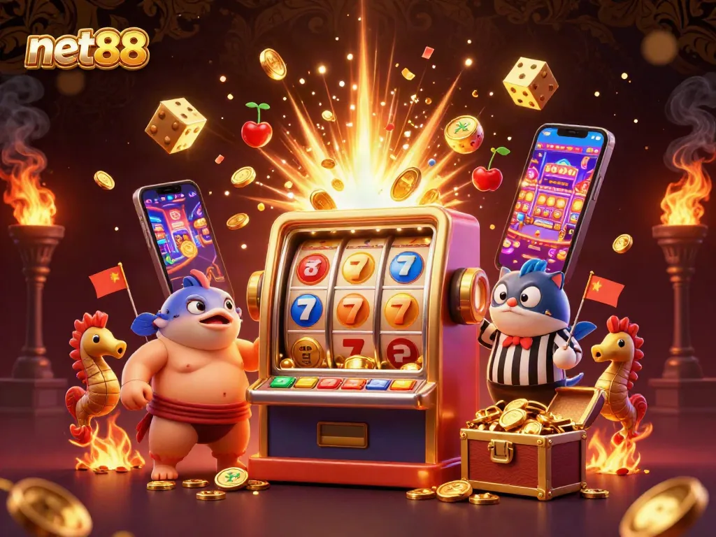 Engage with net88's exciting casino games, featuring dynamic characters and vibrant jackpot scenes.