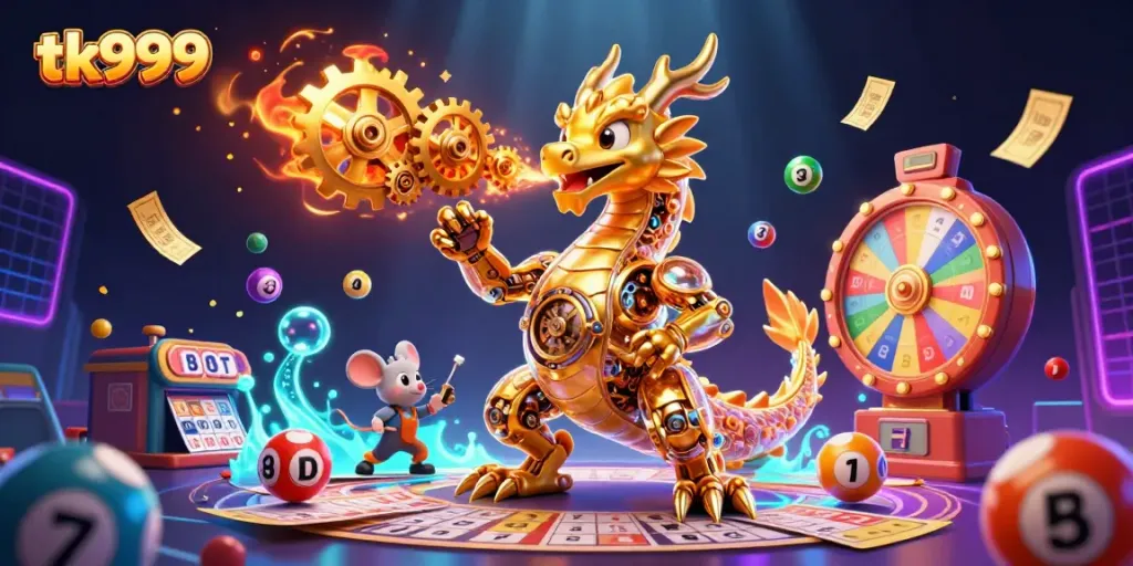 Experience the excitement of the tk999 gaming platform with dynamic visuals of a golden dragon and vibrant lottery elements.