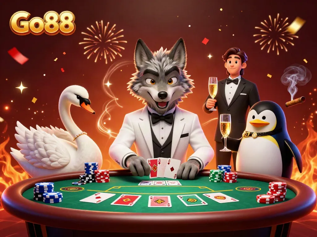 Experience the excitement of Go88 with a lively casino scene featuring card-playing animals.