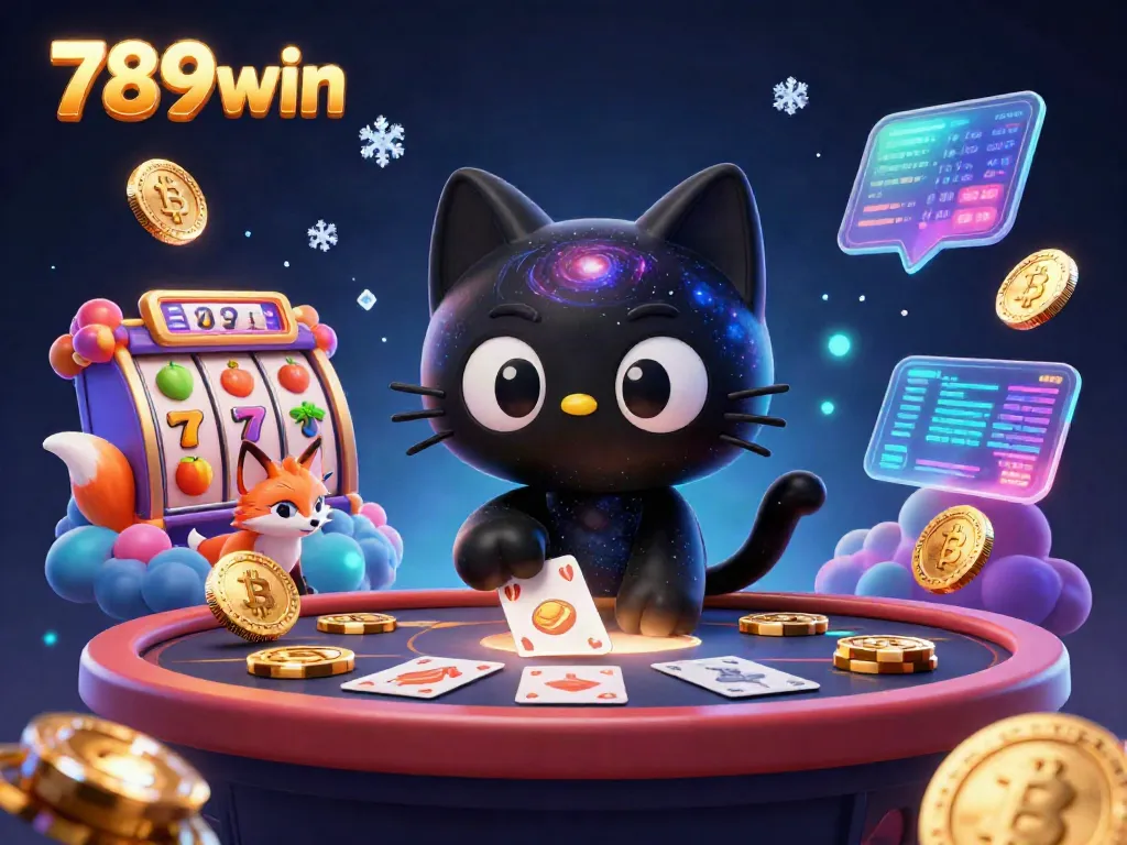 Experience 789win's cosmic casino scene with a black hole cat and colorful fox, surrounded by vibrant slot reels.