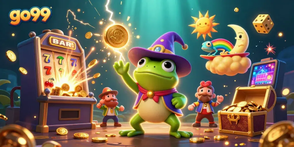 Experience the excitement of go99 with a magical scene of games, coins, and colorful characters.