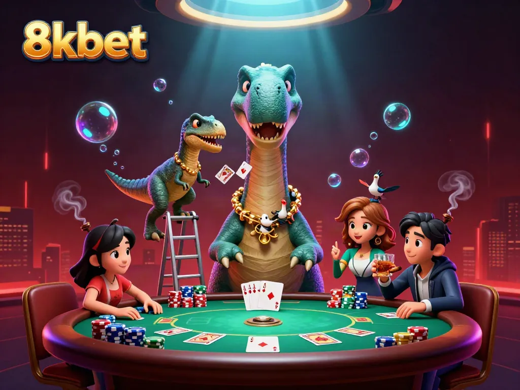 Experience the excitement of poker with the lively scene at 8kbet featuring dynamic characters and rich casino elements.