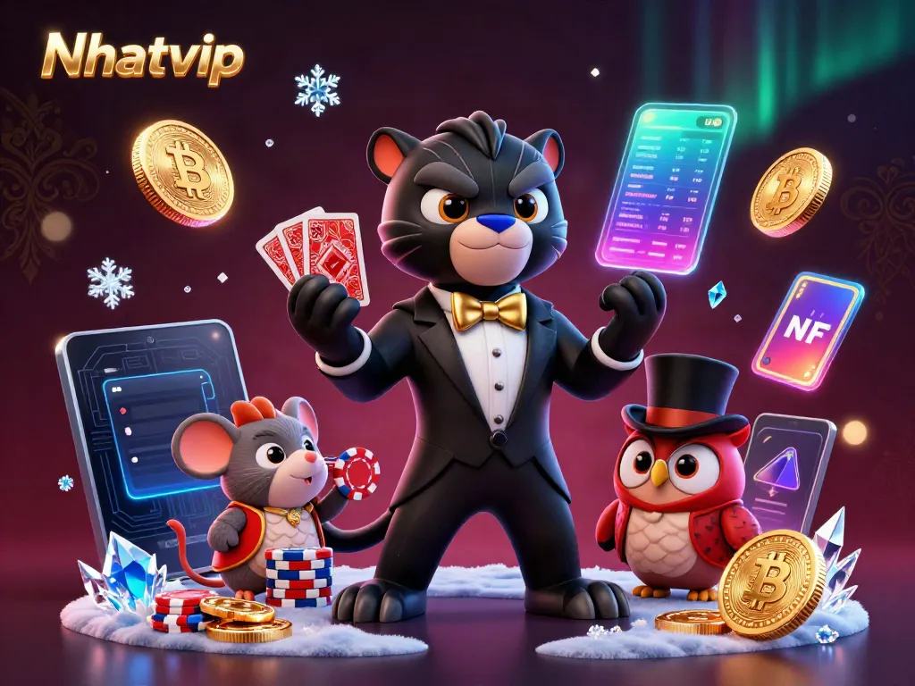 Nhatvip showcases a lively casino scene with a charismatic panther and playful characters, enhancing online gambling excitement.