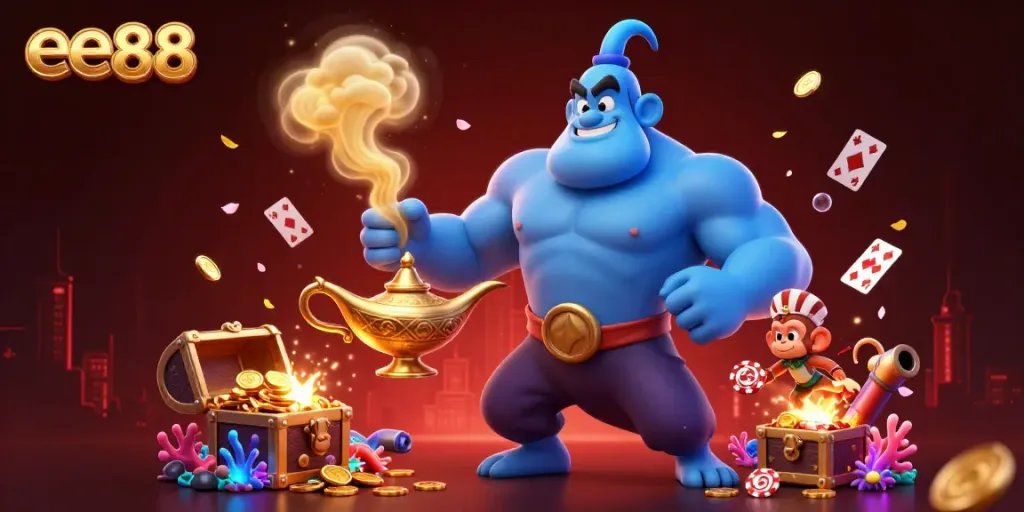 Spin the reels with ee88's dynamic gaming adventure featuring a magical genie and poker chips.