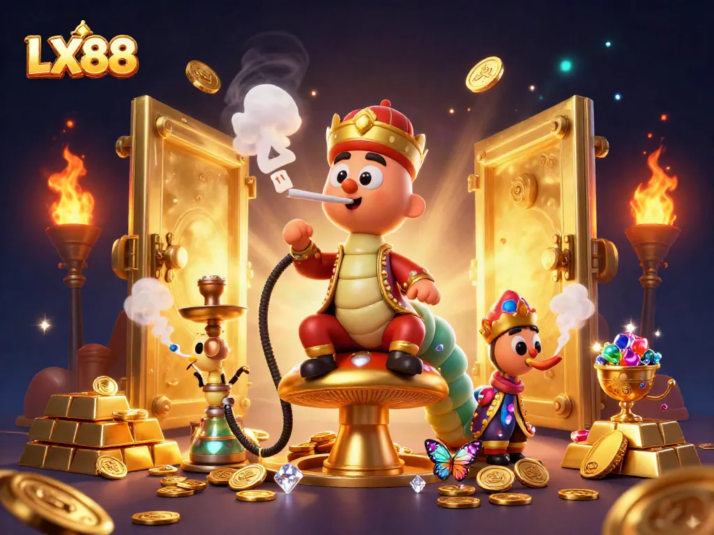 Play games at LX88, featuring a vibrant cartoon scene of a hookah-master and treasures, rich in detail.