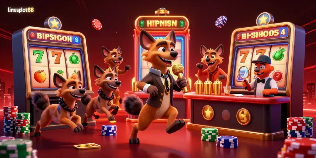 Experience lineslot88 thrills in a vibrant casino scene with hyenas and slot elements.