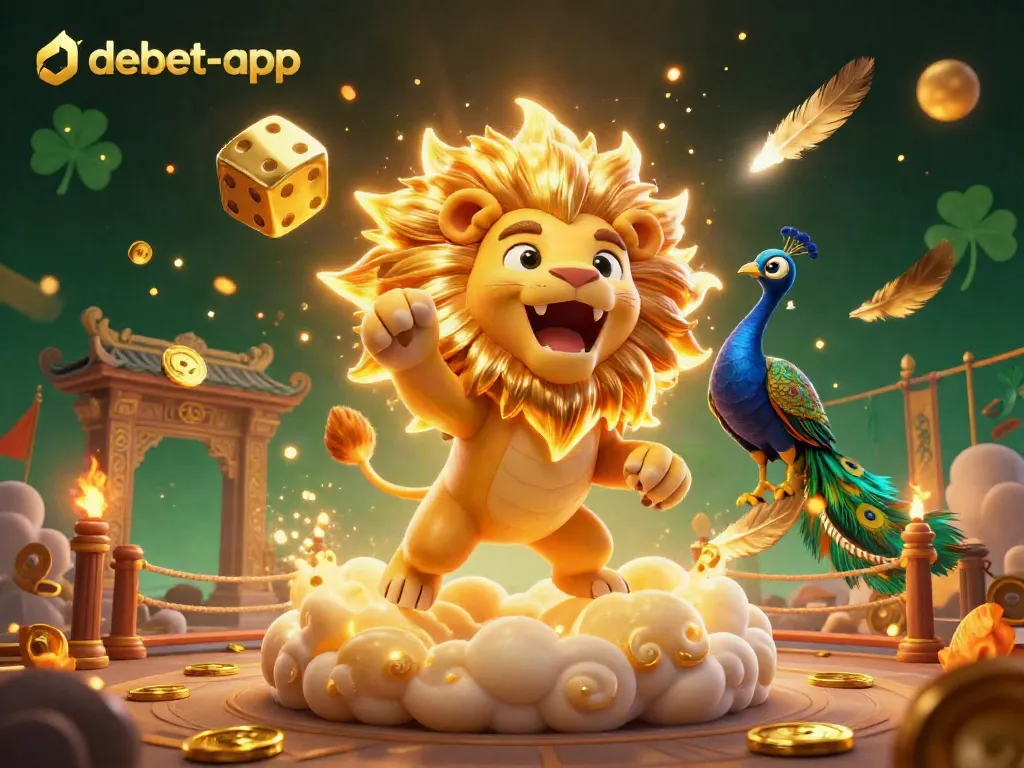 Experience the vibrant world of debet-app with a sun lion, golden dice, and peacock amidst swirling casino elements.
