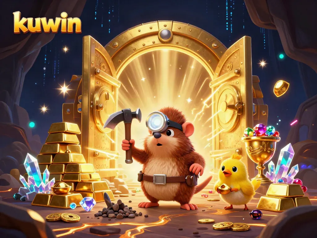 Kuwin treasure hunting in a vibrant casino cave, showcasing gold and gems.