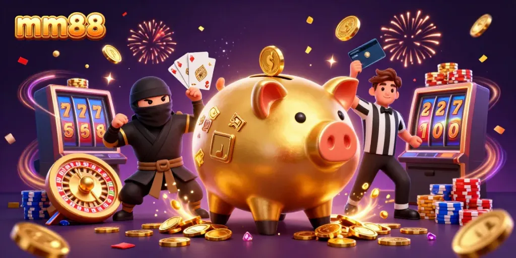 Experience the excitement of mm88 with vivid illustrations of a piggy bank sumo wrestler and his gaming companions.