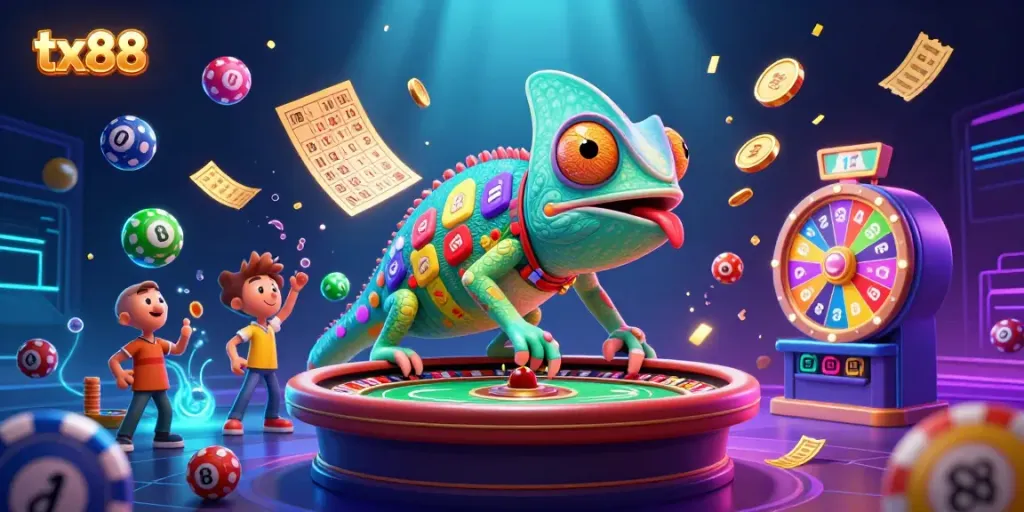 Experience tx88's vibrant casino world with a chameleon owner and dynamic gaming elements.