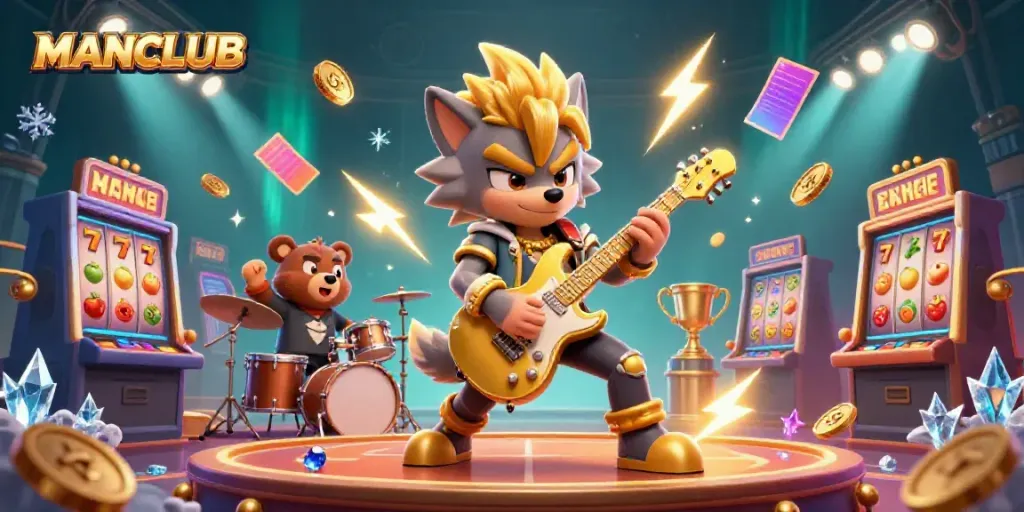 Engage with MANCLUB at the ultimate casino stage, celebrating gaming excitement with vibrant characters and slot machines.