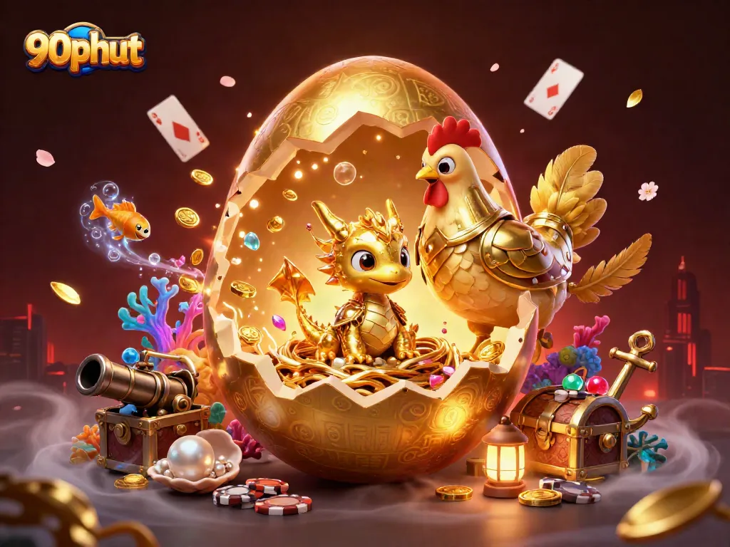 Engage with the 90phut online casino experience featuring a golden dragon and poker chips.