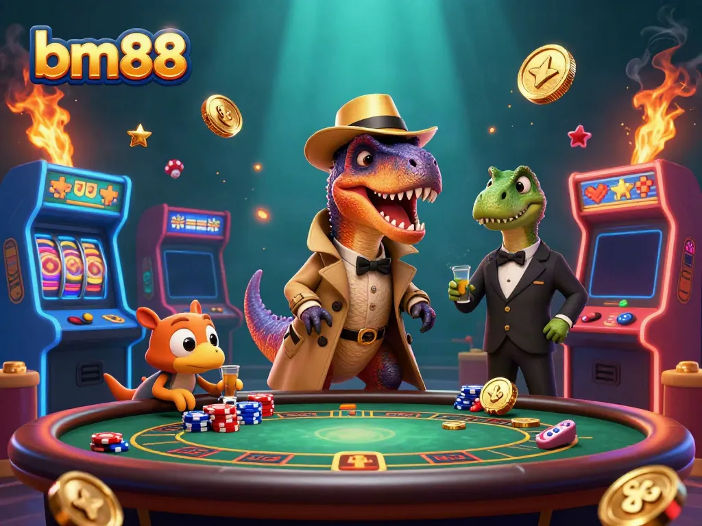 Engage with bm88 at a blackjack table in a 3D casino scene with a velociraptor and stegosaurus.