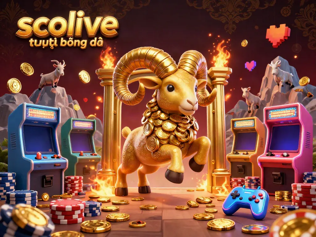 Socolive trực tiếp bóng đá showcases a vibrant 3D scene filled with golden ram and arcade gaming elements.