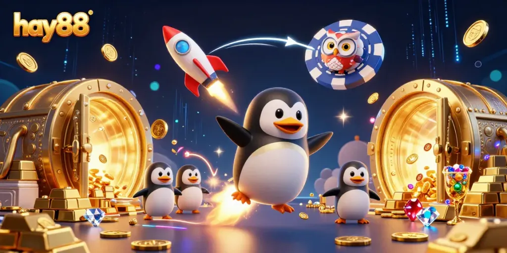Experience excitement with hay88 as a golden penguin navigates a casino galaxy filled with treasures.