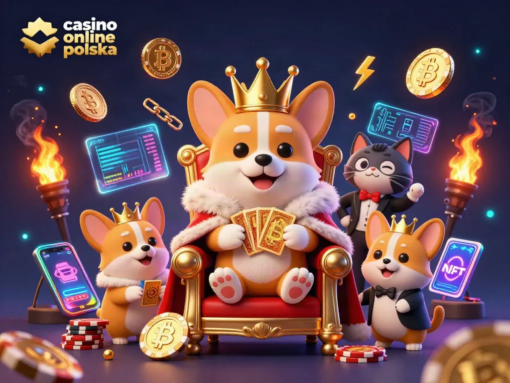 Engage with casino online polska featuring a royal corgi amidst glowing crypto elements and vibrant casino games.