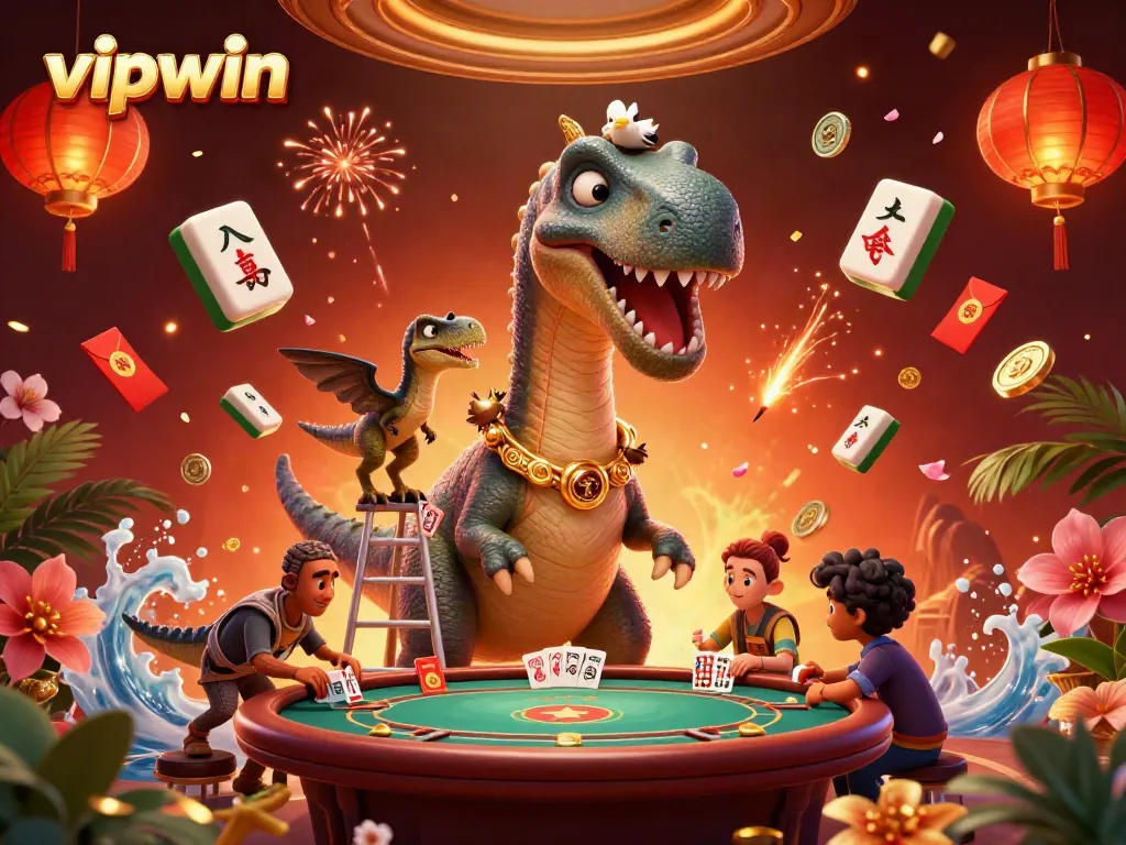 Experience excitement with vipwin as a giant brontosaurus oversees an engaging poker match.