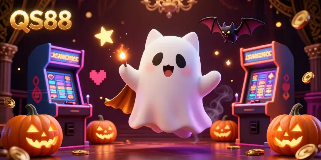 Experience thrilling gaming at QS88 with a fun ghost cat and vampire bat in a vibrant casino.