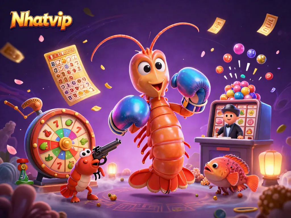 Nhatvip showcases exciting slot games and jackpots amidst vibrant characters and rich casino elements.