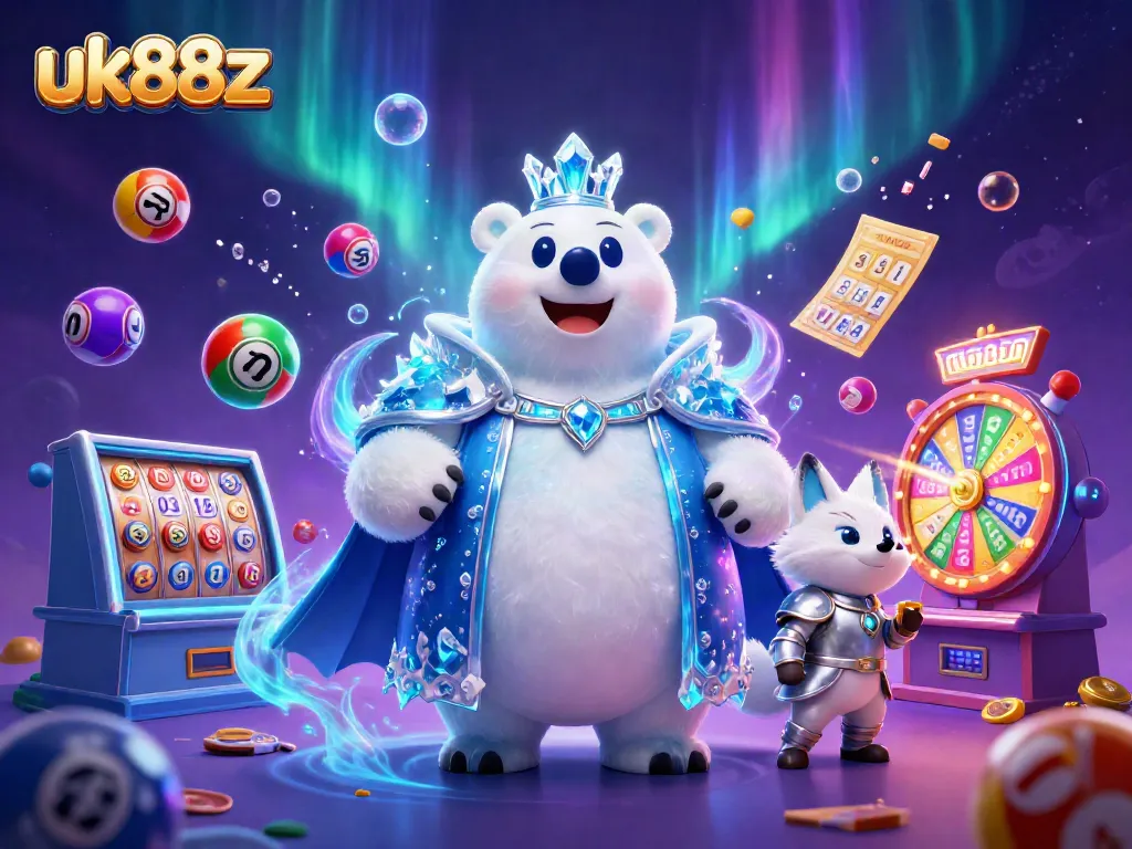 uk88z offers a vivid illustration of a casino scene, showcasing slot reels and lottery elements, creating a thrilling atmosphere.
