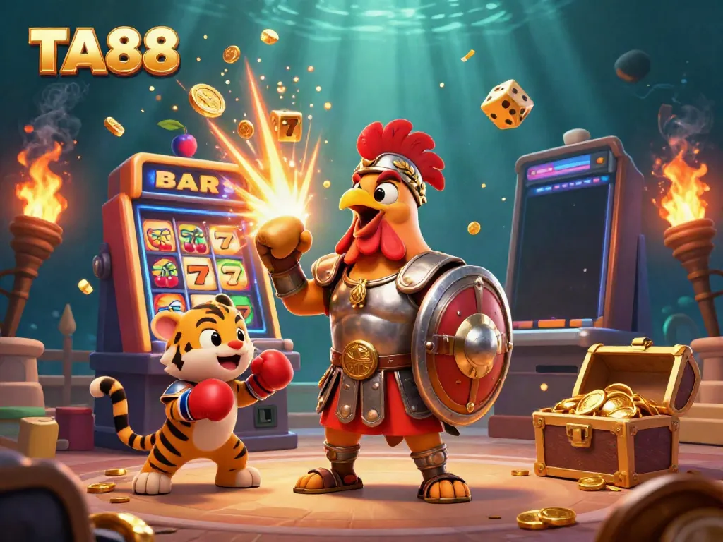Engage in wining gameplay strategies at TA88 with vibrant 3D casino elements symbolizing jackpots.